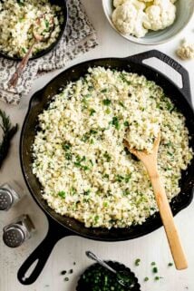 a skillet from overhead filled with cauliflower rice
