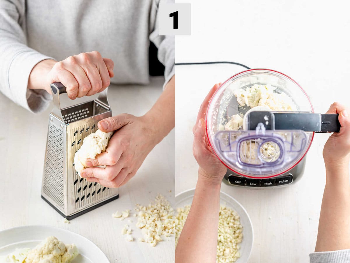ways to chop the cauliflower rice - left with a box grater, right with food processor