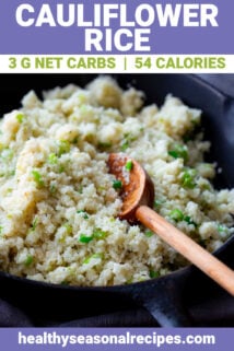 closeup of skillet with cauliflower rice with a wooden spoon with text overlay