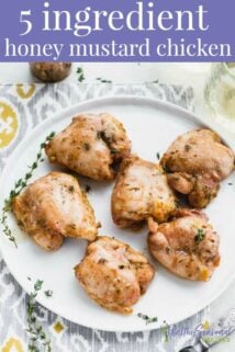 overhead platter of chicken on a patterned mat with text overlay