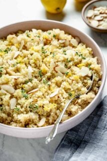 lemon quinoa with almonds and thyme from the side close up