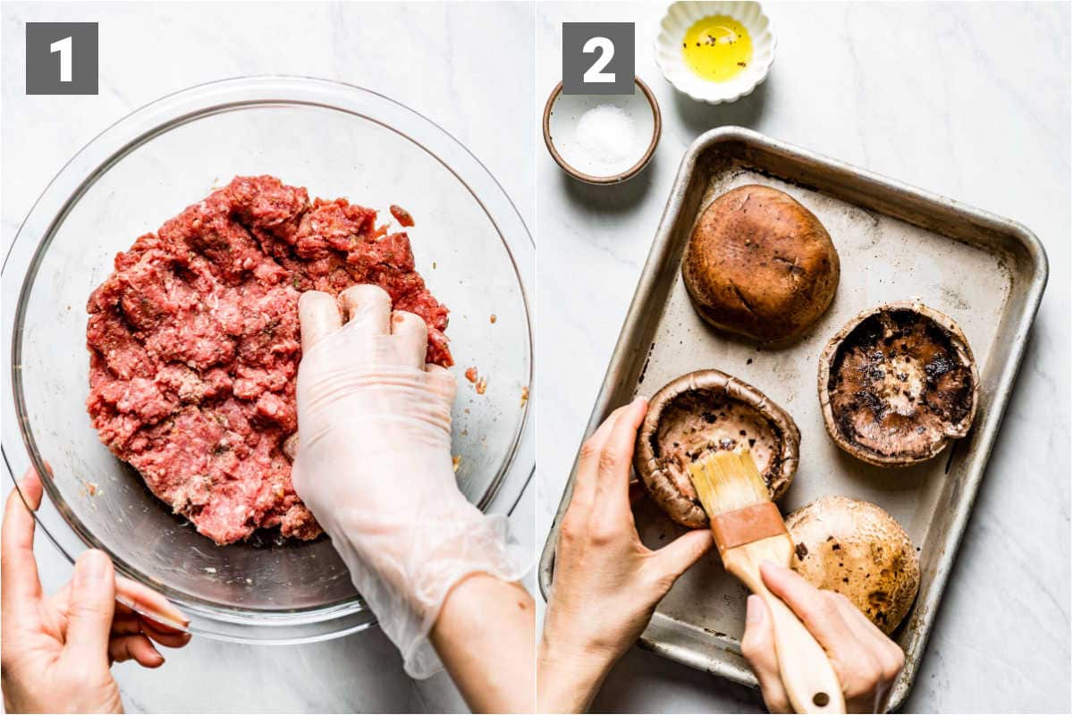 mixing the beef, brushing the mushrooms with oil