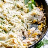 chicken shepherd's pie in cast iron skillet.