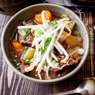 one bowl of beef stew with mung bean sprouts on top