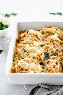 side view of the casserole with breadcrumbs and cheese on top
