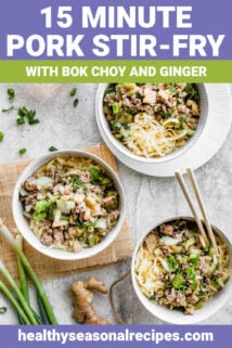 ginger pork stir-fry in three bowls from overhead with scallions on the table next to them