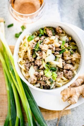 bowl of stir-fry up close with scallions