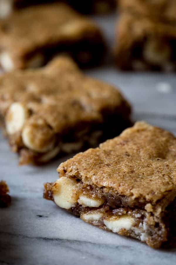 gluten-free maple white chocolate blondies on a kitchen counter