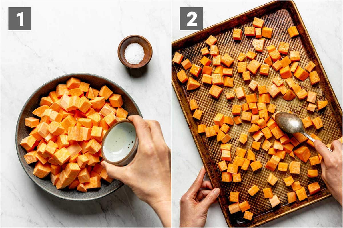 pouring oil over sweet potatoes, the sweet potatoes spread out on the sheet pan