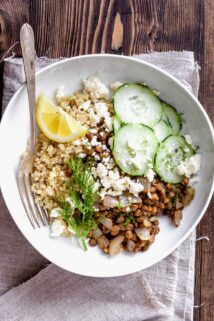 overhead view of lentil and quinoa buddha bowl