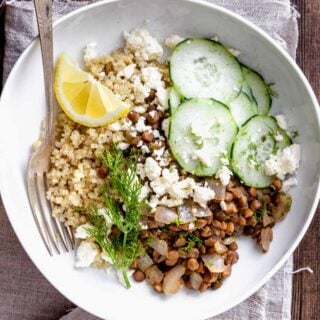 close up overhead view of arranged lentil bowl