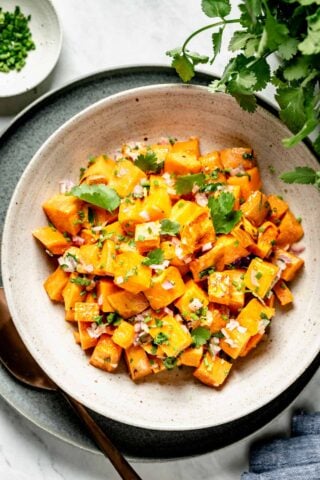 A bowl of chunks of sweet Potato