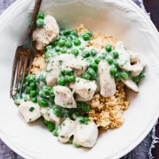 overhead closeup of creamy chicken and peas