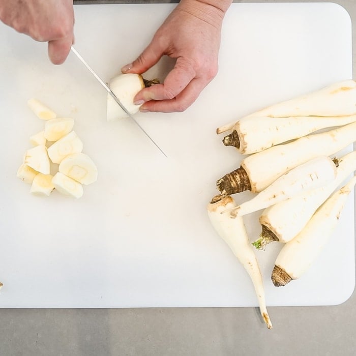 cut the parsnips into large chunks using an oblique cut