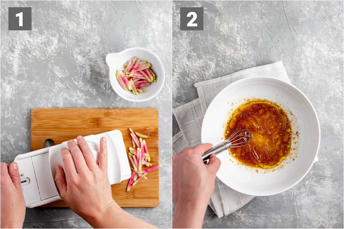 cut the radish and carrot, then whisk the dressing together