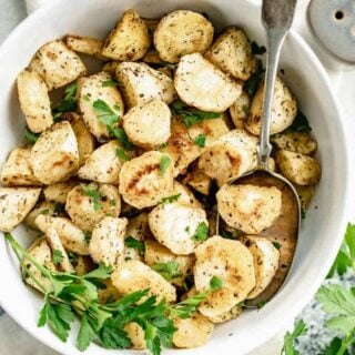 A close up of roasted Parsnips