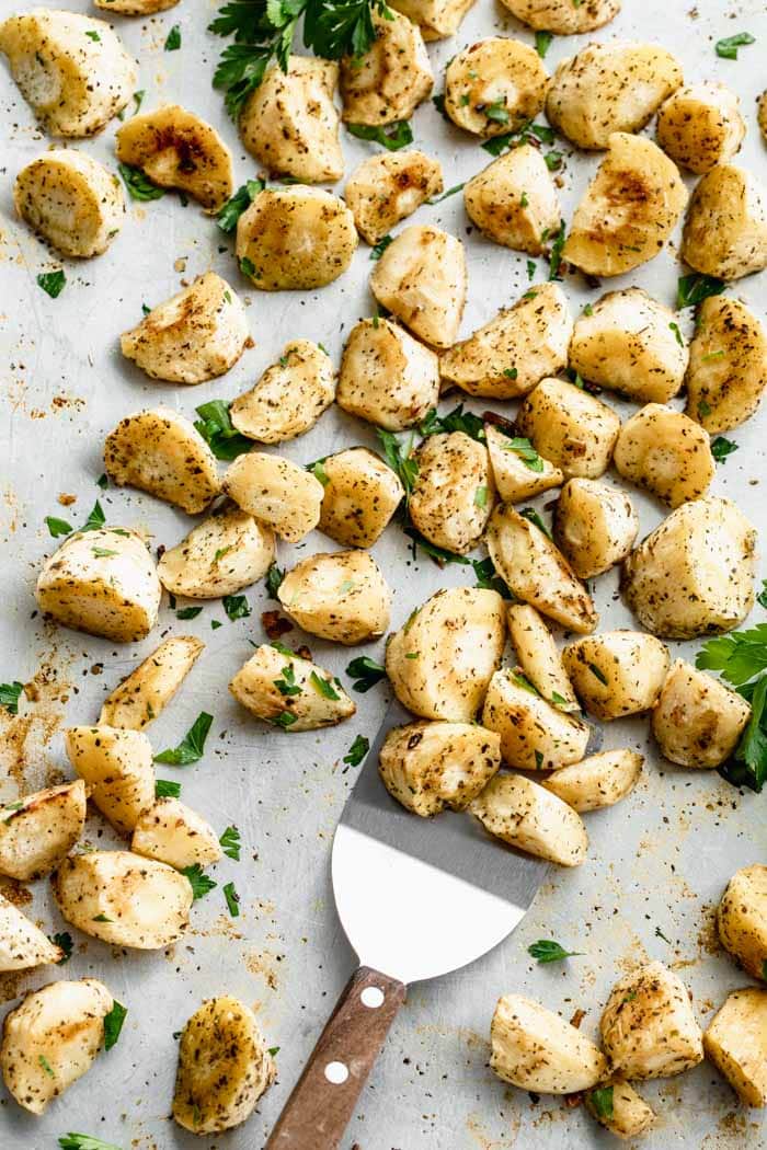 a sheet pan of roasted parsnips