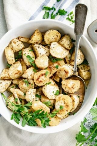 A bowl of roasted Parsnip