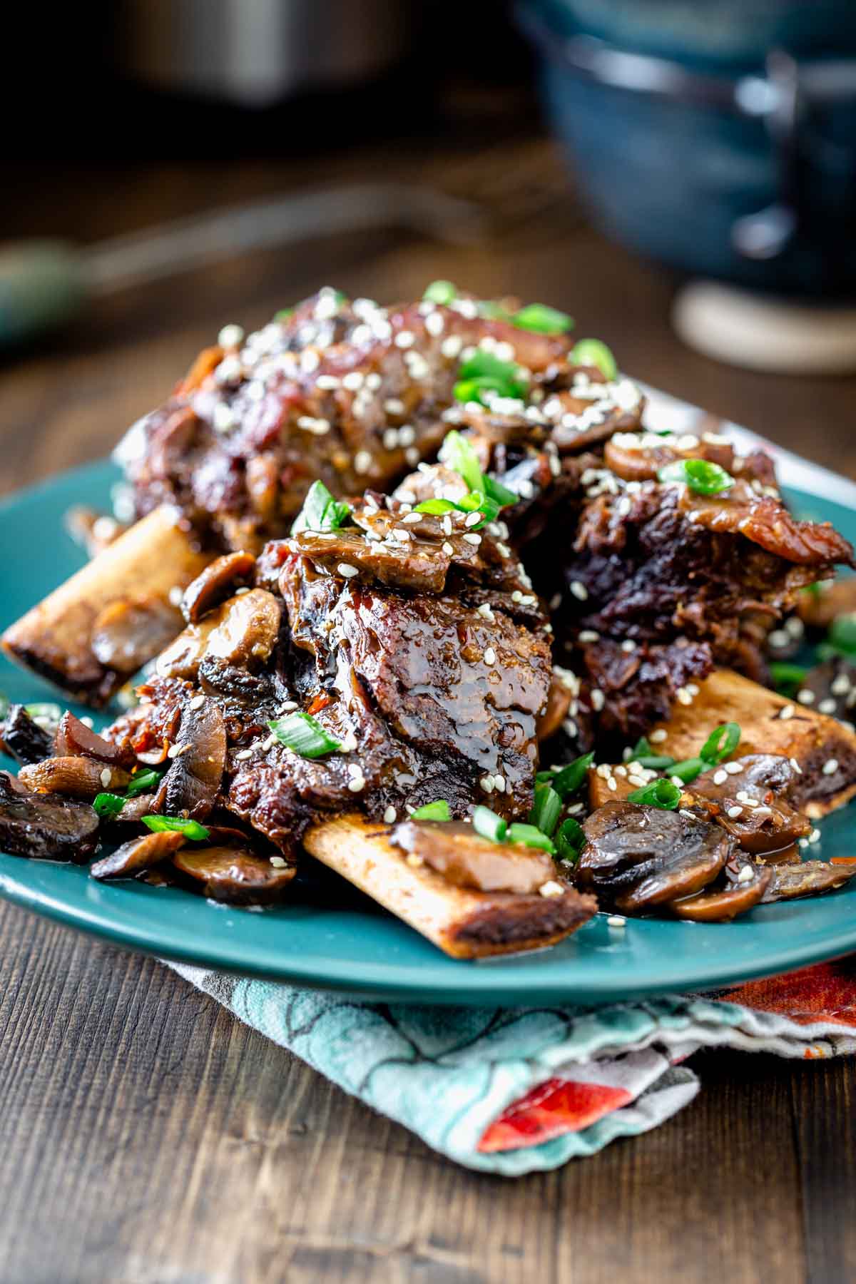 braised short ribs on a teal plate with scallions and sesame seeds on top
