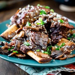 braised short ribs on a teal plate with scallions on top