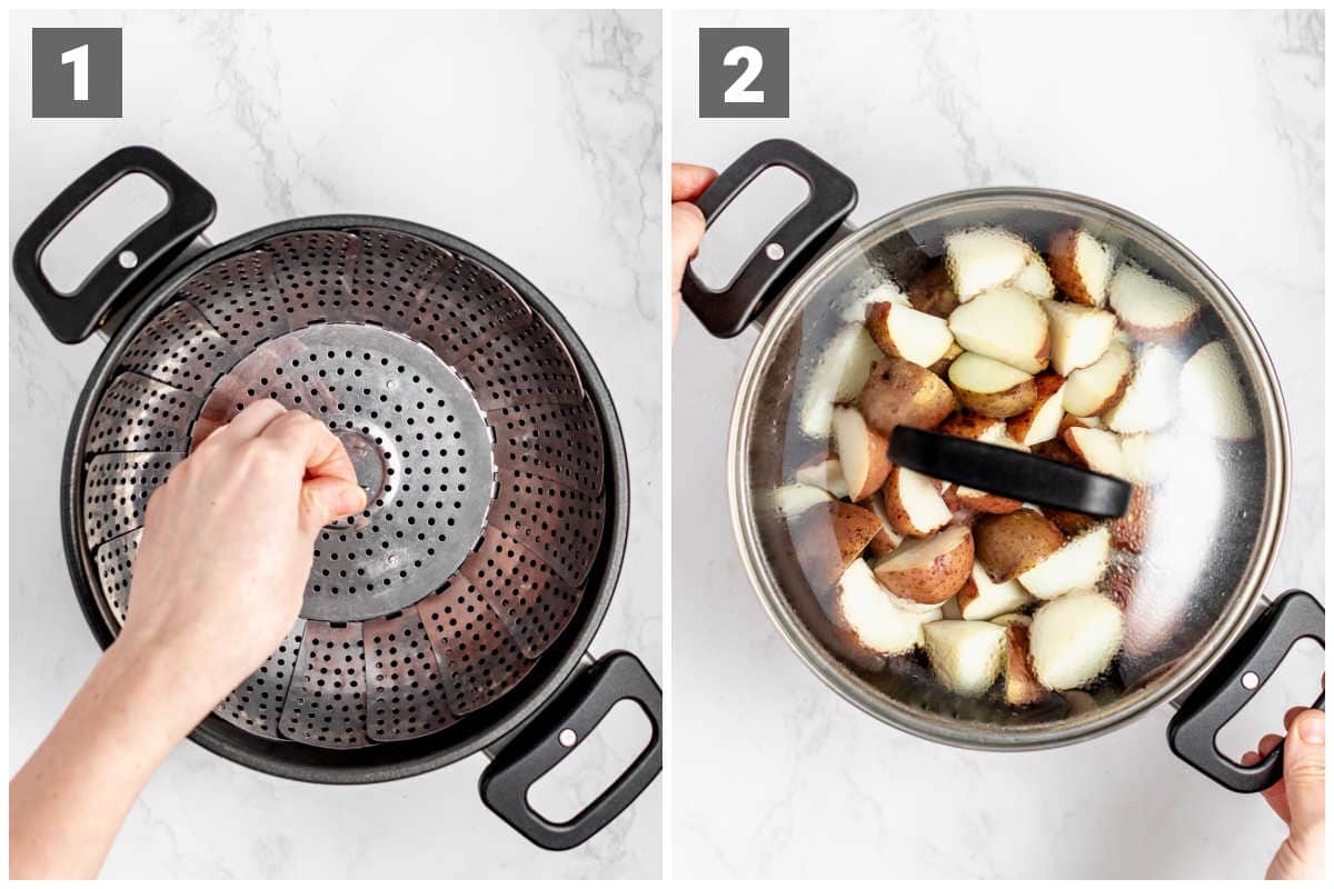 Preparing pot with steamer basket. And adding potatoes and covering.