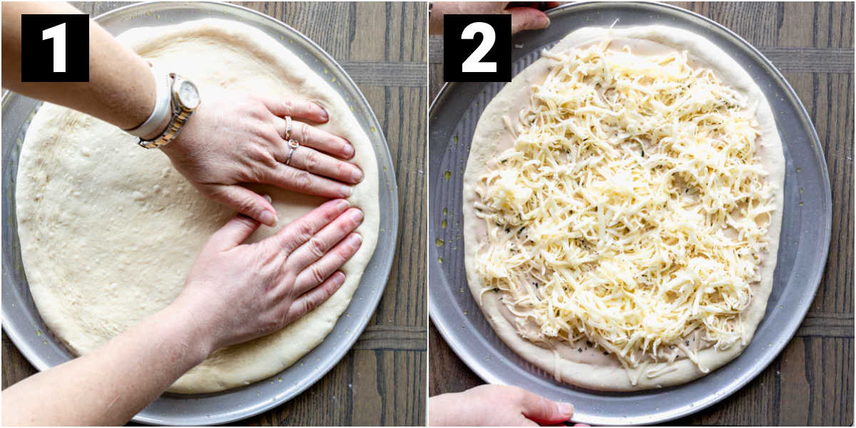 work the dough into a 12 inch round, top with sauce, herbs and cheese