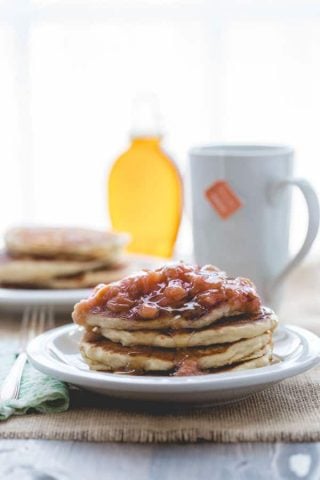 Lemon Almond Ricotta Pancakes with Rhubarb Maple Compote