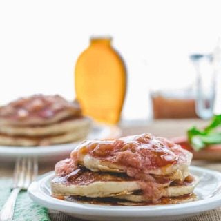 Lemon Almond Ricotta Pancakes with Rhubarb Maple Compote on Healthy Seasonal Recipes