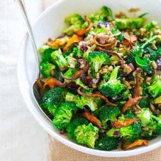 Vegan and Gluten-free Broccoli Salad on Healthy Seasonal Recipes with cranberries, sunflower seeds, roasted shiitakes and miso dressing