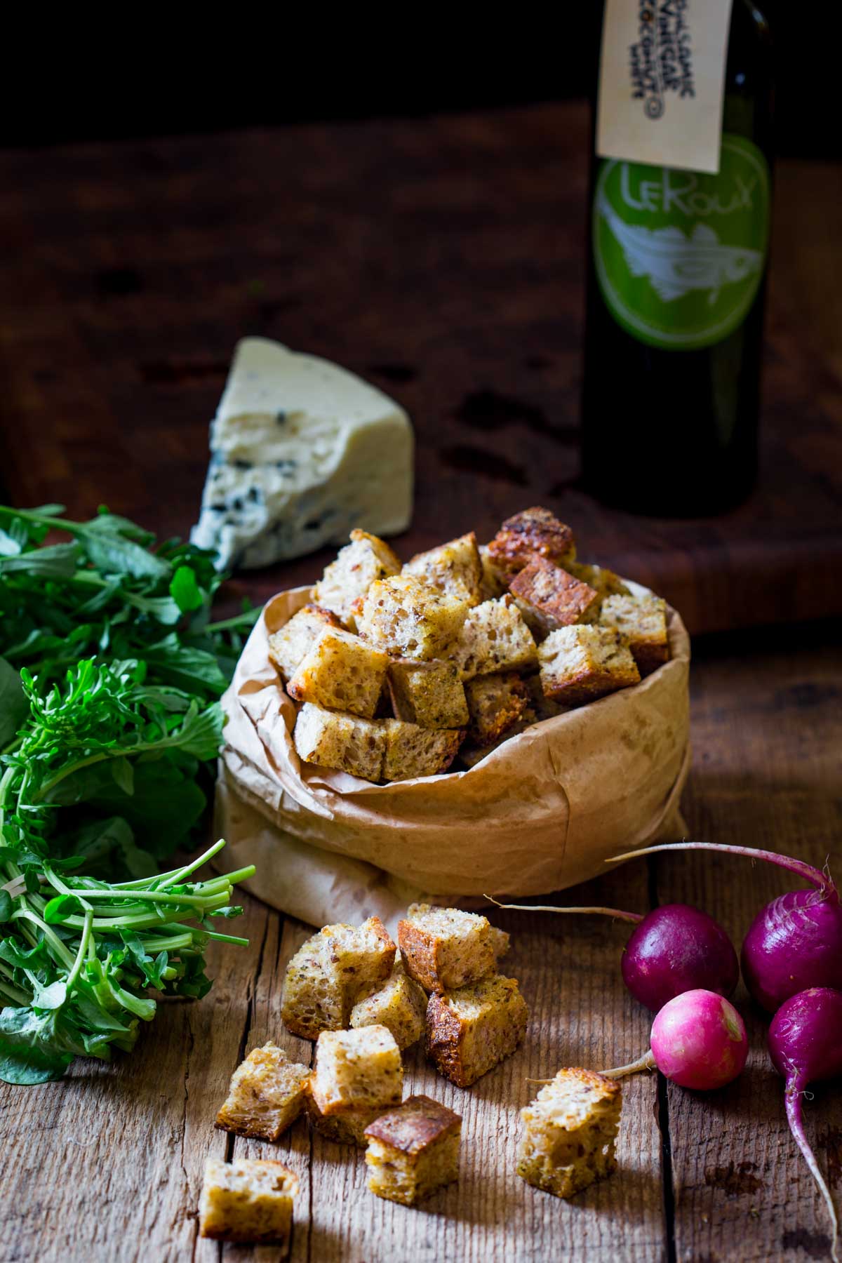 side view of croutons in a bag