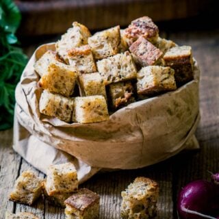 croutons in a paper bag