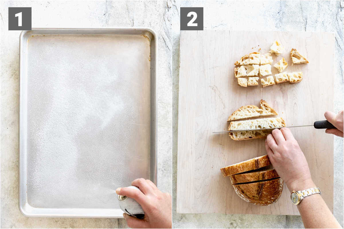 coating the pan with cooking spray, cutting the bread