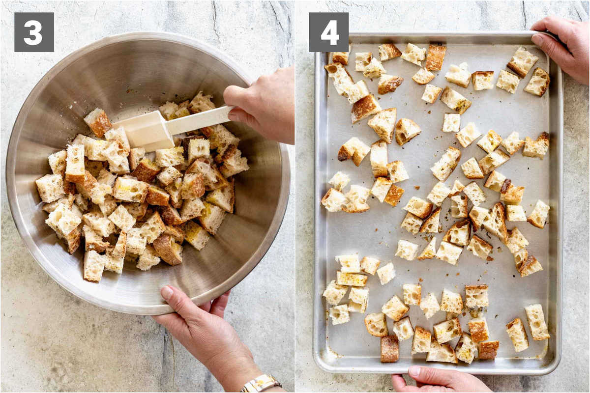 seasoning the croutons and then spreading them out on the baking sheet