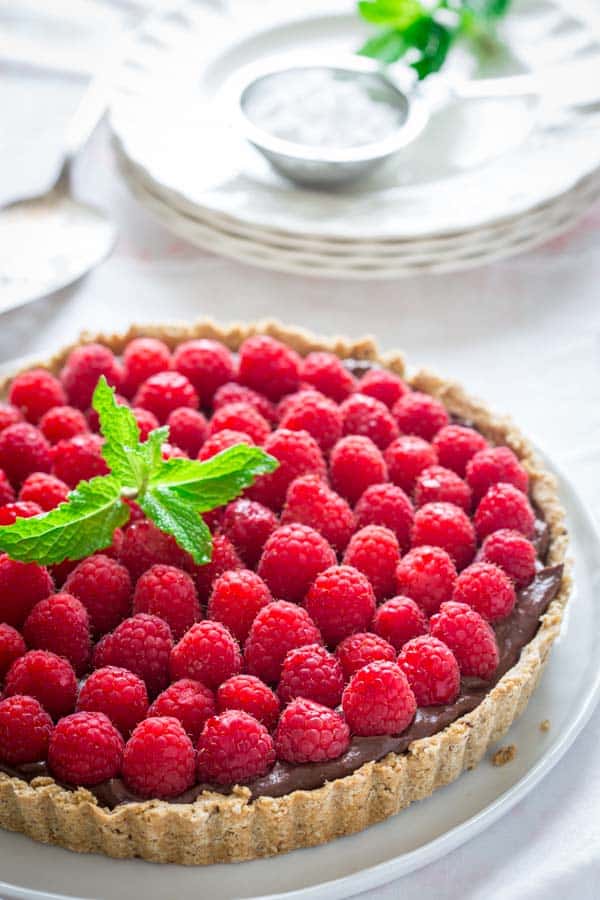 Chocolate and raspberries in a hazelnut tart crust
