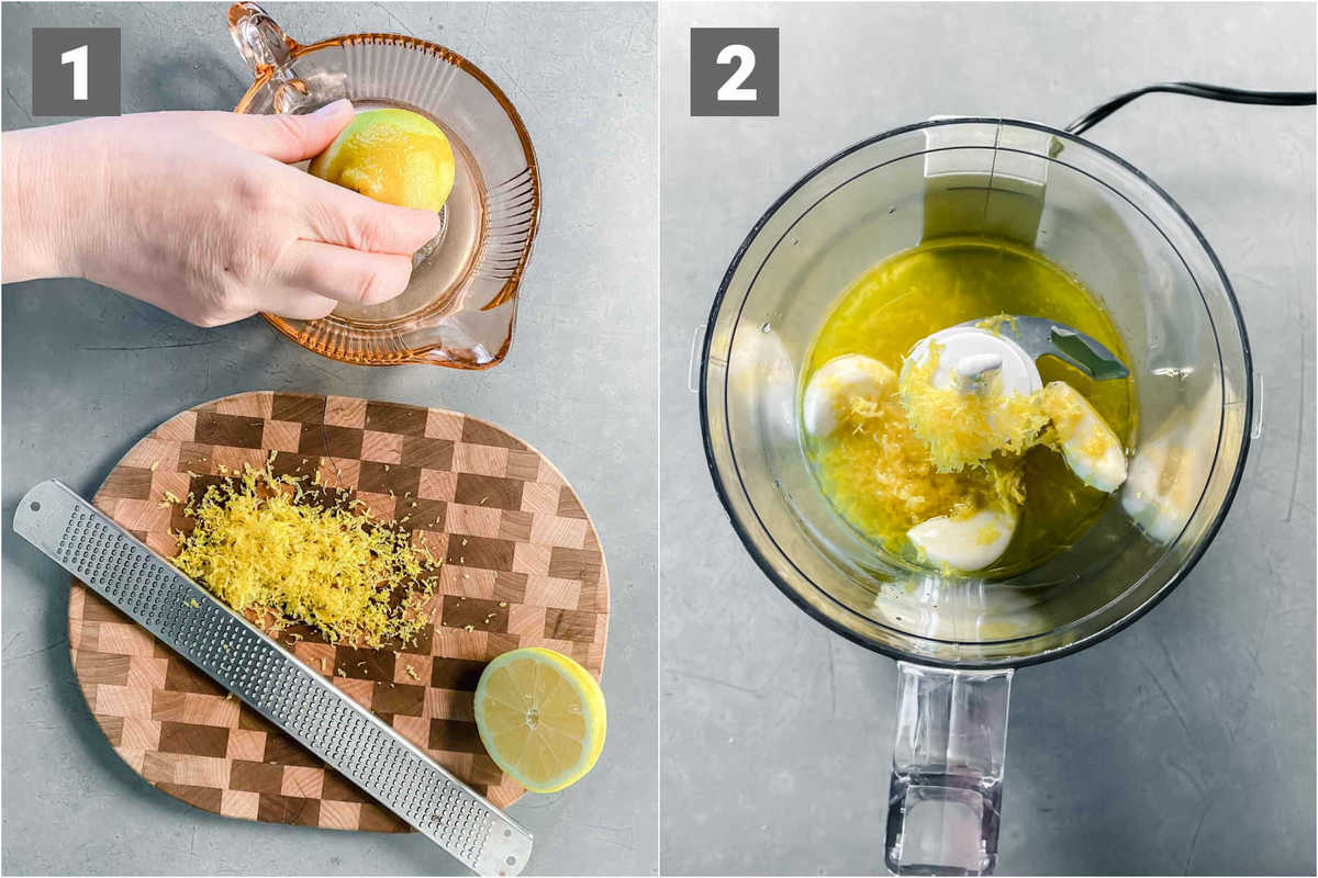 zest and juice the lemon, combine the lemon, garlic and oil in the food processor