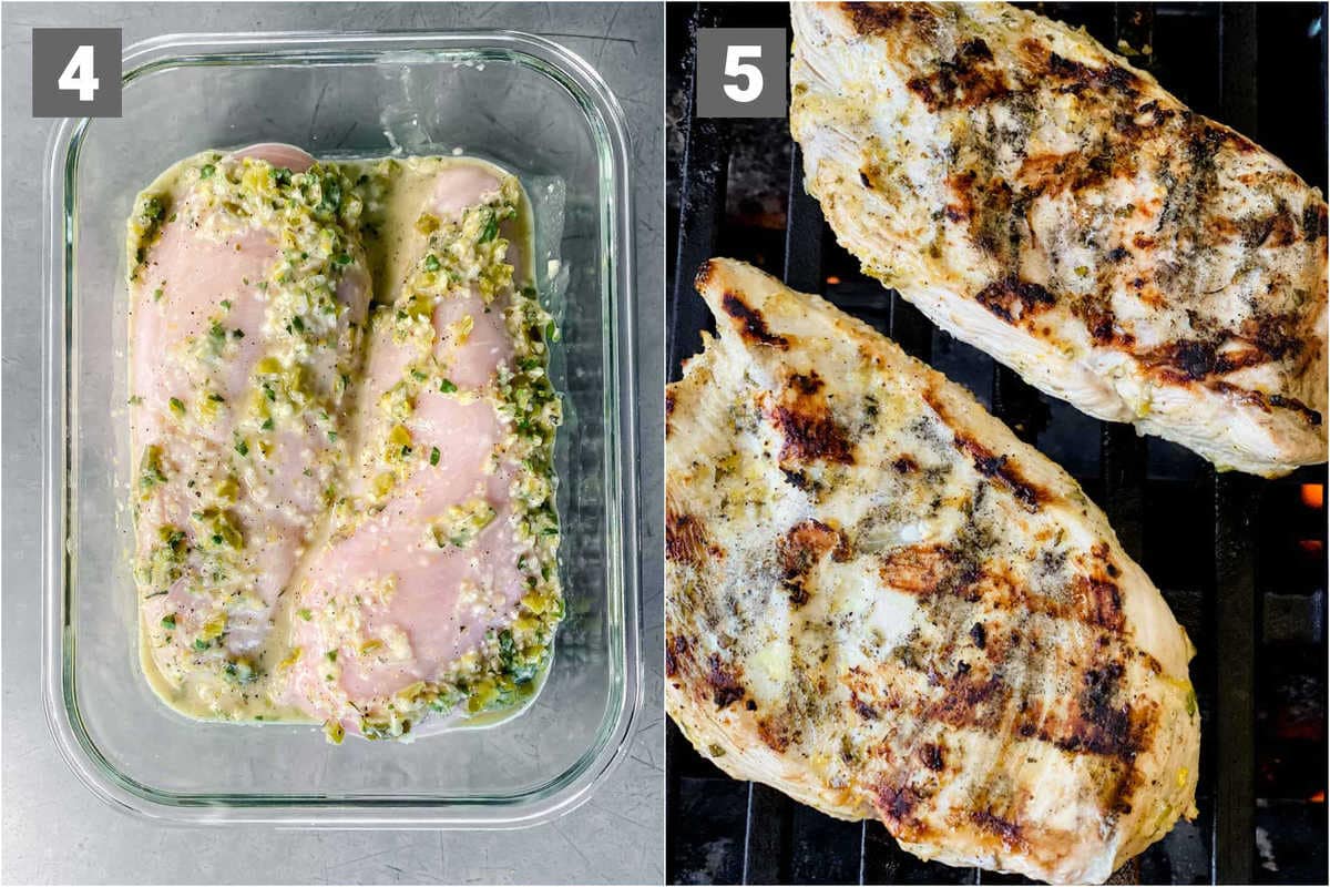 the chicken in a dish with the marinade on it. Grilling the chicken