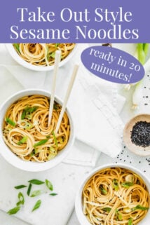 Take out style Chinese noodles with chopsticks and text