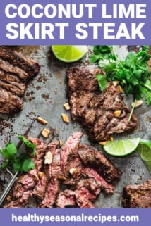 Skirt steak with cilantro and lime on a baking sheet