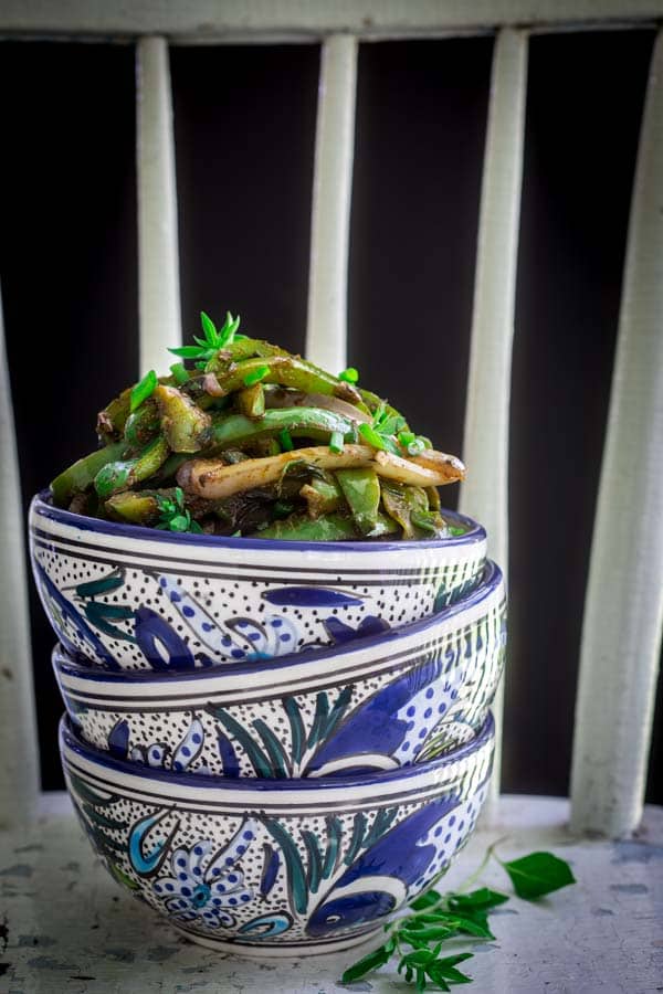 Easy Mexican Sauteed Peppers in blue and white bowls