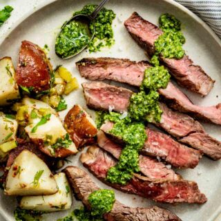 sliced steaks with kale pesto