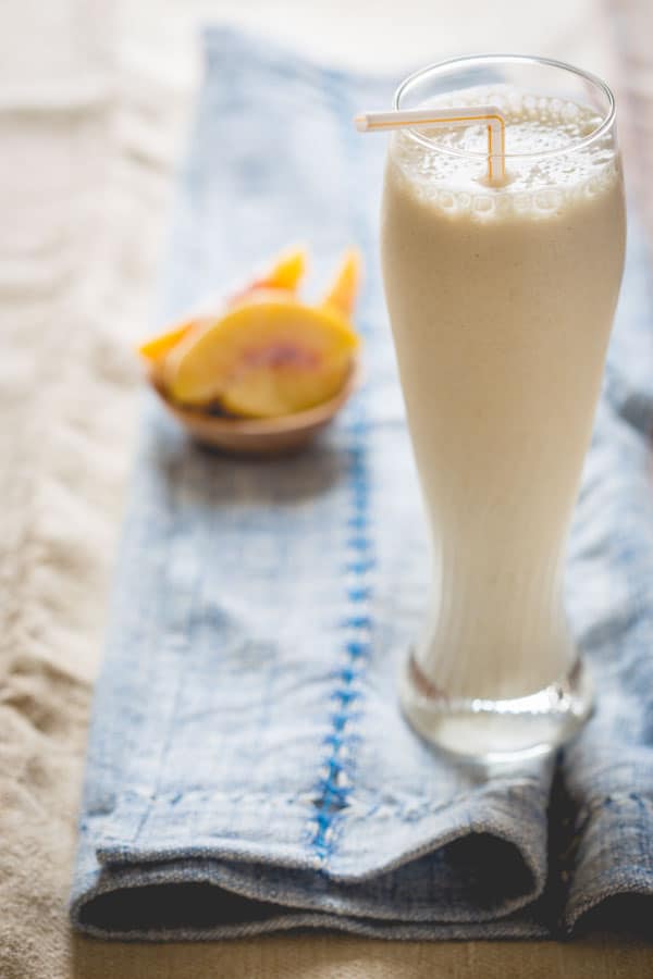 Peach Cobbler Smoothie | Primal and High Protein on healthyseasonalrecipes.com