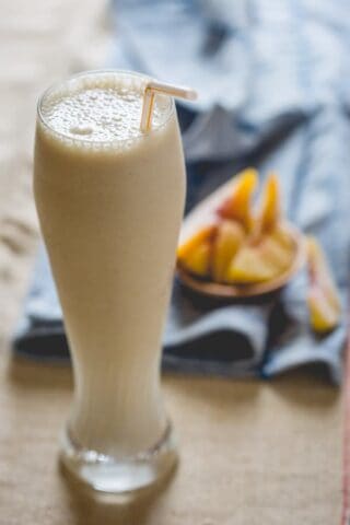 Peach Cobbler Smoothie | Primal and High Protein on healthyseasonalrecipes.com