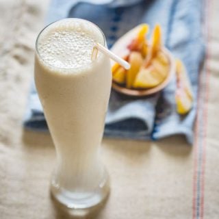 Peach Cobbler Smoothie | Primal and High Protein on healthyseasonalrecipes.com