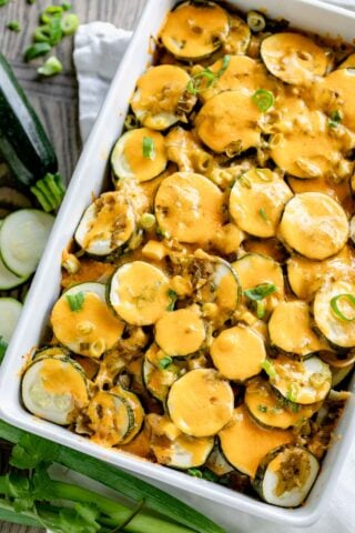 overhead at an angle the casserole with orange cheese melted on top