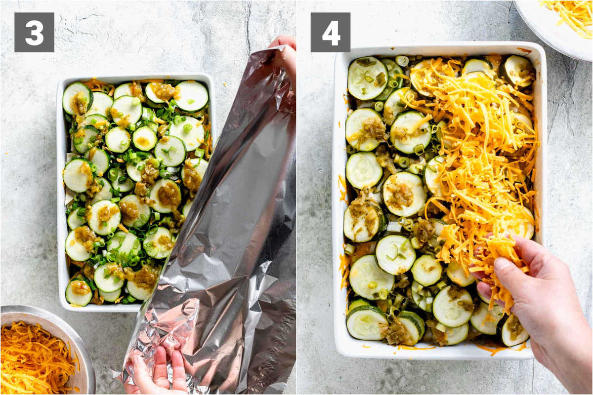 cover the casserole with foil. Bake 1 hour then remove foil and add the second half of the cheese