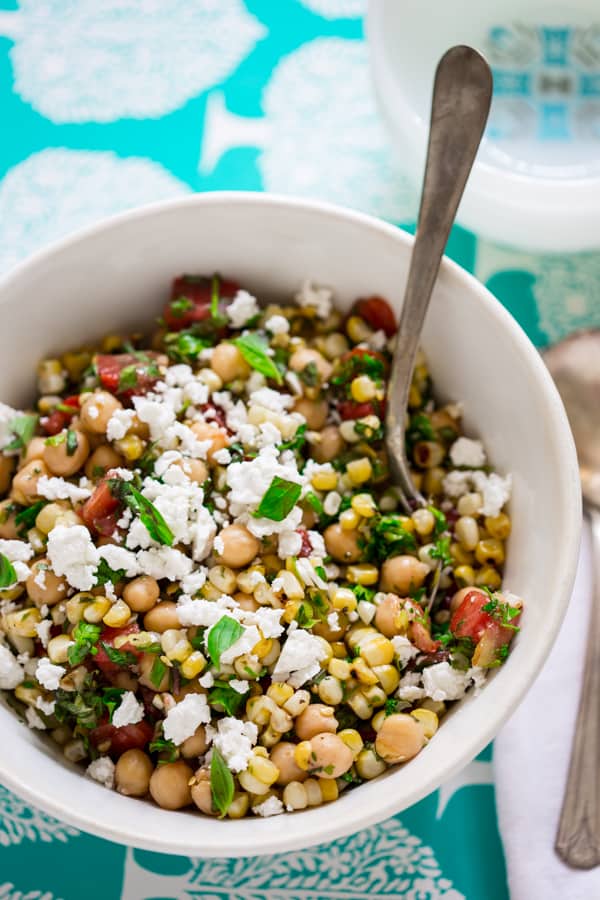 chickpea and grilled corn salad in a bowl