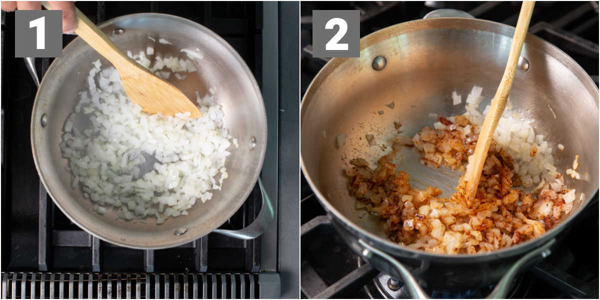 heating onions and mixing in chipotle seasonings for the tomatoless bbq sauce