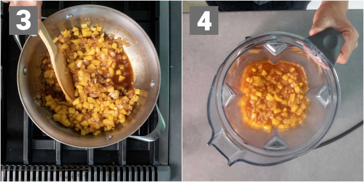 adding liquid and then blending maple peach barbecue sauce