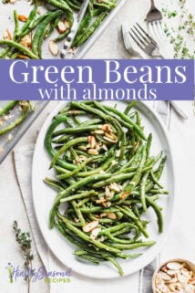 an oval platter with green beans with a roasting pan and text