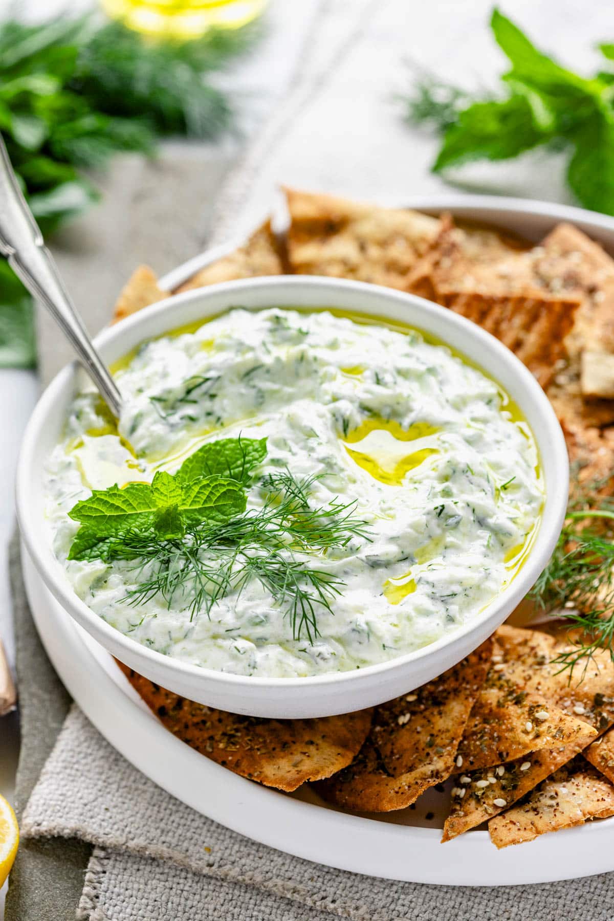 the tzatziki from the side view with olive oil on top